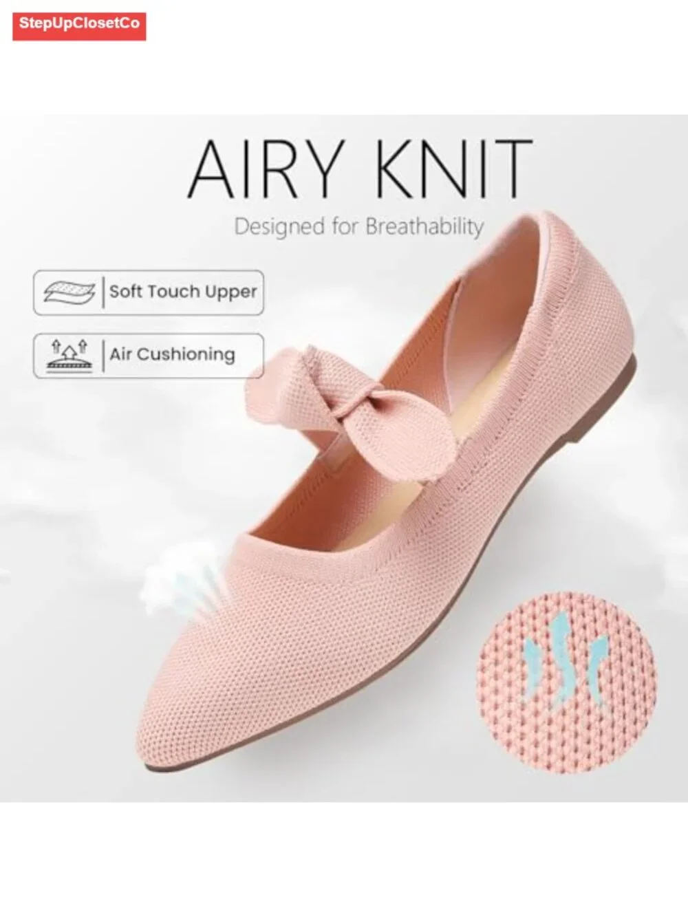 Knit Bow Ballet Flats Pointed Toe Mary Jane Shoes Comfortable Dressy Loafers